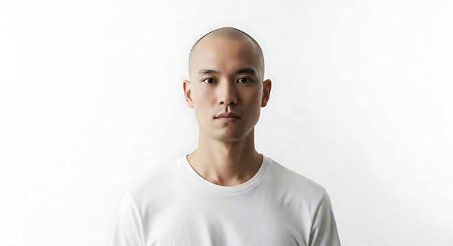 Portrait of a Bald Asian Man Wearing a White T-Shirt