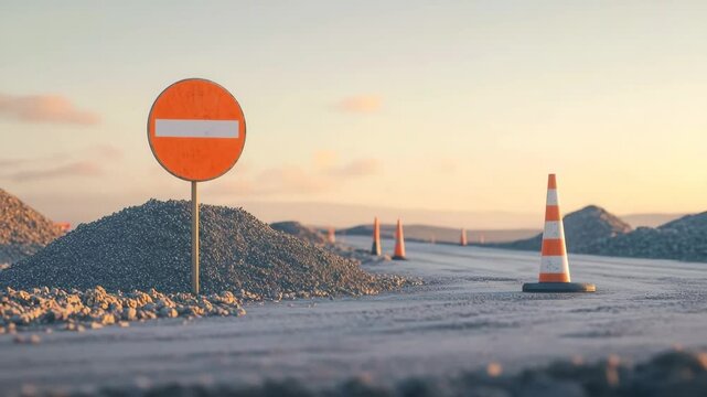 No entry sign traffic cone gravel road construction site warning safety outdoor sunset roadblock transportation caution restriction infrastructure hazard orange barrier detour maintenance create