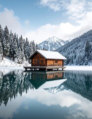 Fototapeta premium A rustic wooden cabin with a sloped roof sits peacefully on the edge of a serene lake, surrounded by tall pine trees and vibrant wildflowers.