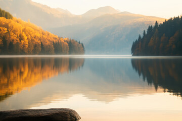 Autumn forest with golden leaves reflecting on calm lake water under soft mountain light