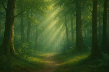 Sunlight beams through dense green forest trees creating peaceful natural path