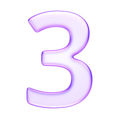 Number three in translucent glassmorphism purple style, great for teaching tools, infographics, and dashboards, 3d rendering