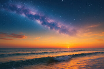 Sunset over ocean waves with colorful sky and visible Milky Way galaxy shining brightly