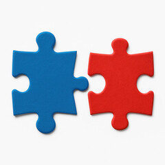 Two colorful puzzle pieces blue and red white background, symbolizing connection and teamwork