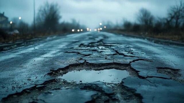 Cracked road with large pothole and water reflection wet asphalt, damaged infrastructure rural landscape, evening scene with neglected moody atmosphere, overcast sky, desolate and gloomy environment
