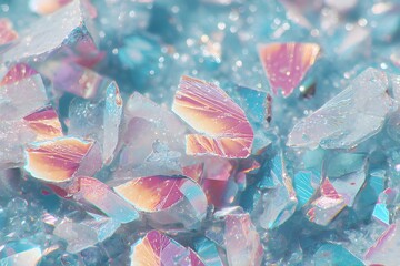 Sparkling shards of crystal fragments, with blue and purple tones in a close-up view. These crystals seem fragile yet radiate beauty