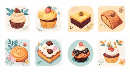 92.A set of square vector illustrations featuring a variety of baked goods like cupcakes, pies, croissants, and cookies, surrounded by decorative floral elements and pastel color schemes, perfect for