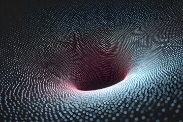 An abstract black hole, a digital artwork with intricate dots creating the form of a cosmic singularity, with shades of red and blue and light reflection on the area