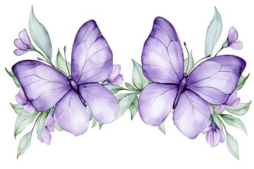 Fototapeta premium Beautiful watercolor butterflies with delicate purple wings and soft green foliage decor