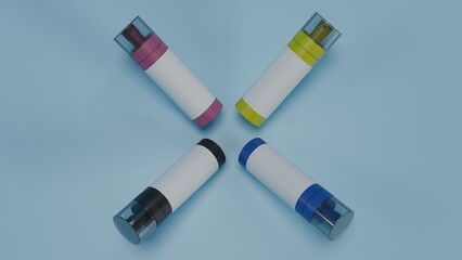 3D render of four colorful spray bottles with transparent caps on a blue background. Perfect for branding, cosmetics, or product mockup design.