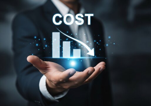 Cost reduction business finance concept, budget management and cost management. Businessman show Cost reduction graph with down arrow on virtual screen.