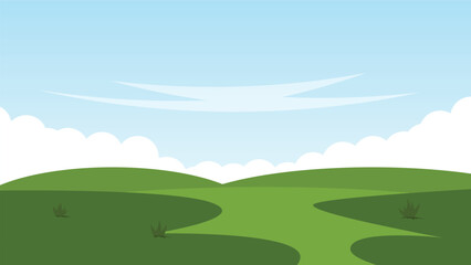 Fototapeta premium green field with white cloud and blue sky. nature landscape cartoon scene