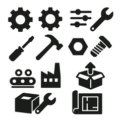 12 black engineering icons. Solid vector for industry, tools, and production.
