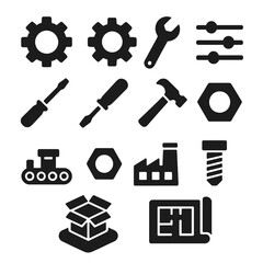 Black set of 12 mechanical icons. Minimal vector for manufacturing and maintenance.