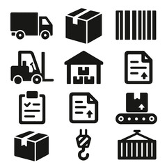 12 black logistics icons. Solid vector for shipping, transport, and delivery.