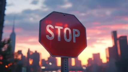 Stop sign cityscape sunset urban traffic red warning street silhouette evening transportation safety outdoor skyline dusk road sign caution architecture city travel direction regulation glowing light - Powered by Adobe