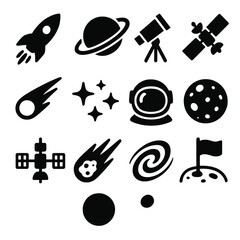 12 black space icons. Solid vector for astronomy, exploration, and science fiction. © VectorGomes