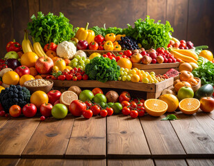Fresh Assorted Fruits and Vegetables on Wooden Table – Healthy Natural Food Display with Colorful Organic Produce for Farm Market, Clean Eating, Nutrition, and Eco-Friendly Lifestyle Concepts

