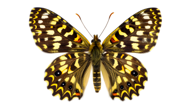 Close up of a butterfly with yellow and brown markings on its wings on transparent background , no  background