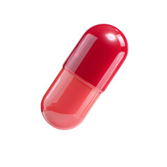 A vibrant stylized red pill or capsule suspended in mid air against a clean minimalist white background creating a modern futuristic aesthetic