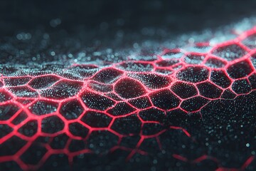 Abstract close-up shot of a mesmerizing, glowing, red cellular pattern against a dark backdrop, evokes a sense of mystery and intricate design
