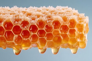 A close-up shot of fresh, flowing honey dripping from a honeycomb
