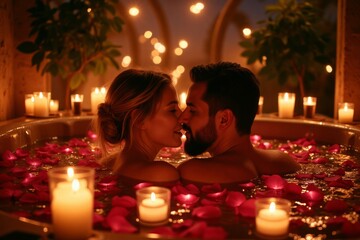 Romantic couple kissing in a hot tub filled with rose petals and candles.
