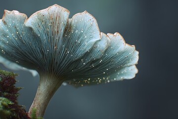 A close-up shot of a delicate mushroom, revealing intricate details, set against a dark backdrop. The mushroom is light blue and the details are very clear