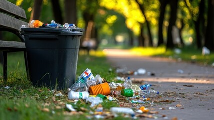 A park scene showing a bin spilling over with both recyclables and general waste, surrounded by litter