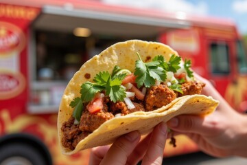 Close-up of a delicious taco held in hands.