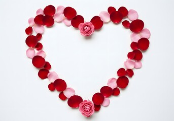 Obraz premium Romantic Heart Shaped Arrangement of Red and Pink Rose Petals with Roses