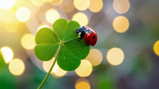 Ladybug perched on a lucky four-leaf clover with bokeh background and vibrant green leaves