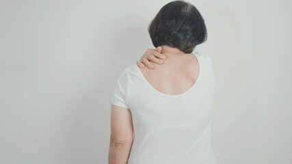 Elderly Woman having Shoulder Pain for Muscle Inflammation and Sprain, Myofascial ache syndrome and Fibromyalgia, Shoulder Myalgia, Scapular Tightness, Cervical Spine, Rheumatism and Health care - Powered by Adobe