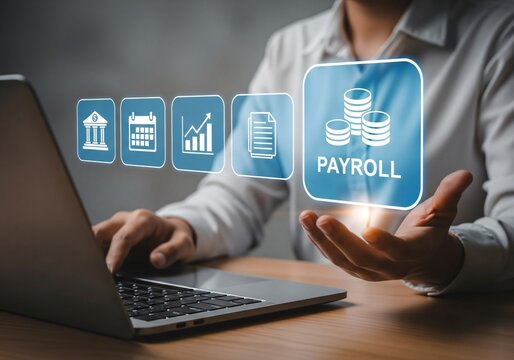 Payroll business finance concept, financial, accounting. Businessman using laptop with payroll icon for report financial information and do payroll. - Powered by Adobe