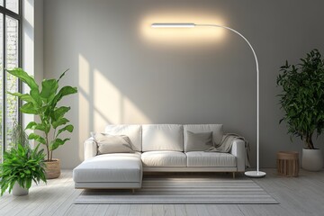 Minimalistic interior with modern sofa and round floor lamp in neutral color palette