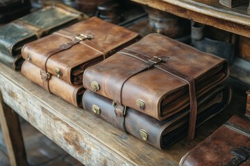 Stack of vintage leather books on old wooden table