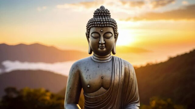 Statue in meditative pose surrounded by mountains at sunset with soft golden light, serene mood, and meditative atmosphere
