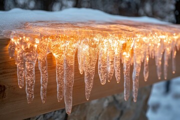 Frozen icicles hanging from rooftop with warm house lights in background
