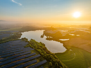 Photovoltaic panels on a hillside at sunrise