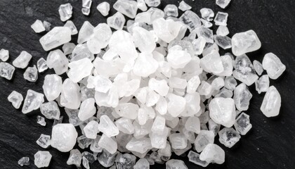 Sea salt crystals on dark slate, rough granular texture, gourmet food concept