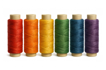 Colorful thread spools lined up, showcasing rainbow spectrum of textile crafting colors on clear background, ideal for needlework design composition