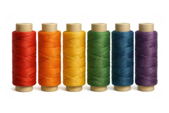 Colorful thread spools lined up, showcasing rainbow spectrum of textile crafting colors on clear background, ideal for needlework design composition