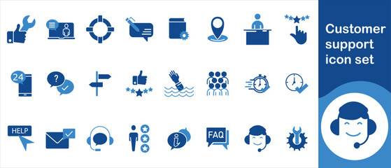 Customer support icon set, customer, online, service, chat, help, icon, line, assistance, message, business, outline, contact, sign, symbol, call, question, vector, agent, information and more