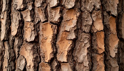 Macro image of tree bark, aged and cracked texture with deep grooves, natural brown tones, earthy ambiance
