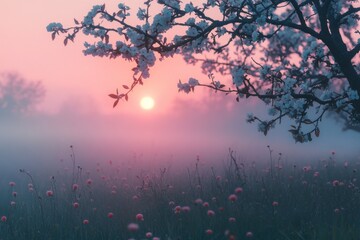 Serene sunrise landscape with fog and tree silhouettes in the distance