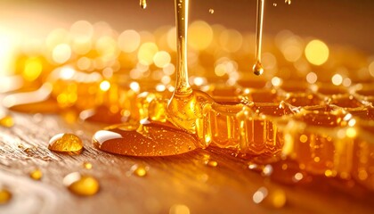 Macro of honey dripping on wooden surface, sticky golden texture, studio food photography