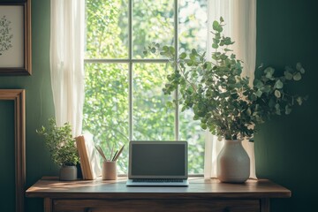 Home workspace with laptop on wooden desk and vases by a sunny window
