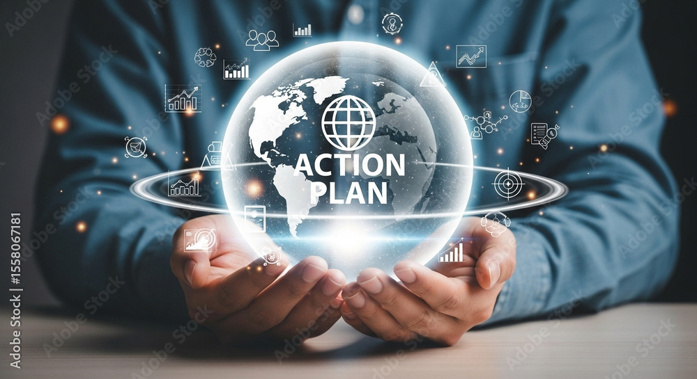 Poster person holding globe with action plan text and various business related icons around it