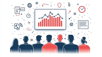A group of business professionals viewing a data presentation with charts and graphs discussing analytics and strategy for their organization