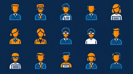 A collection of diverse business team headshot icons representing a variety of professional roles and backgrounds